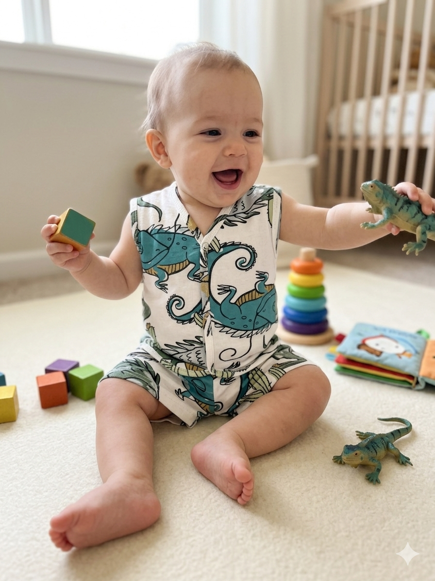 Teal/turquoise, green, and black outlines on a white background Sleeveless Jabla Shorts Set