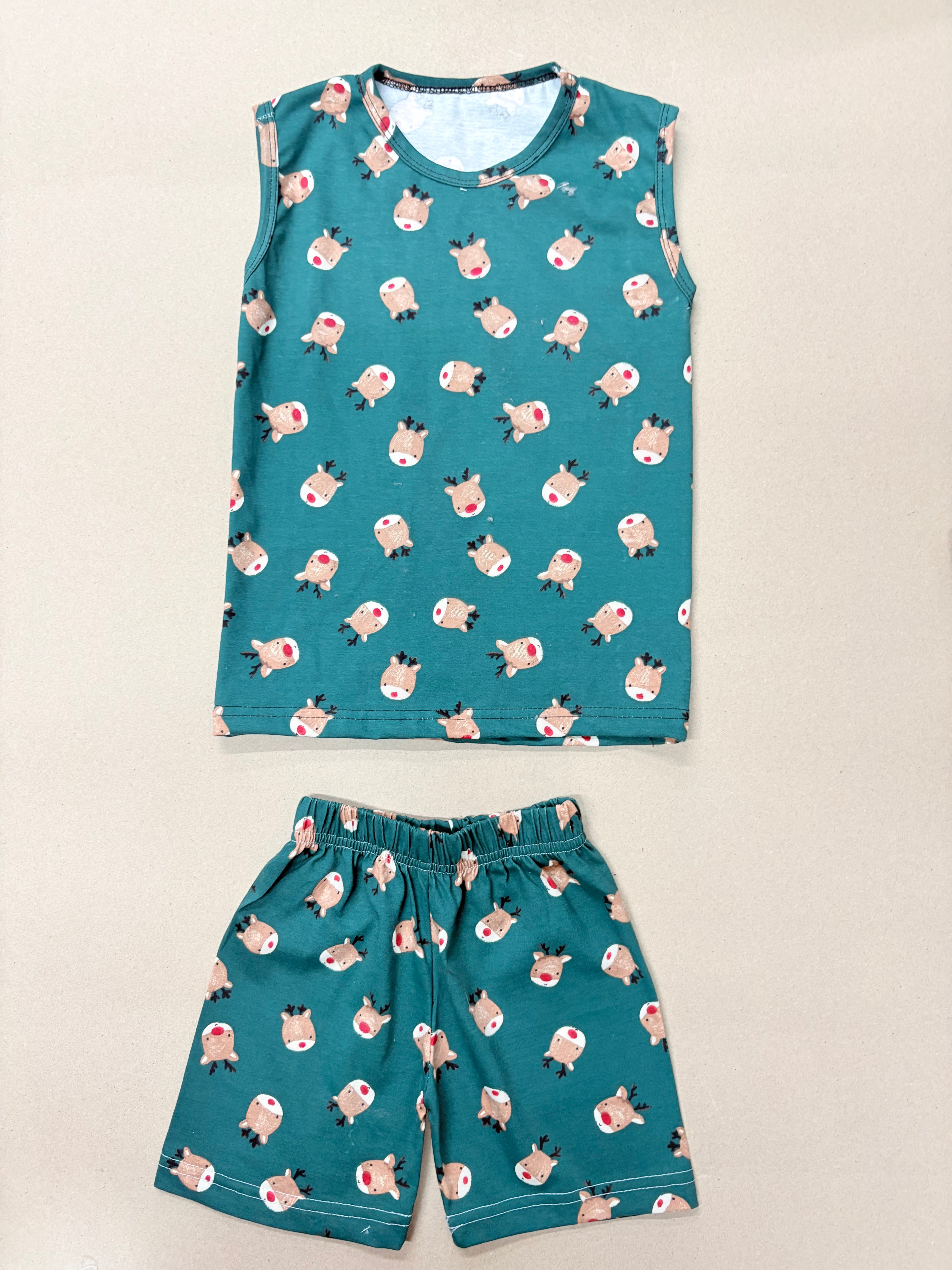 Green holiday reindeer print sleeveless  co-ord set
