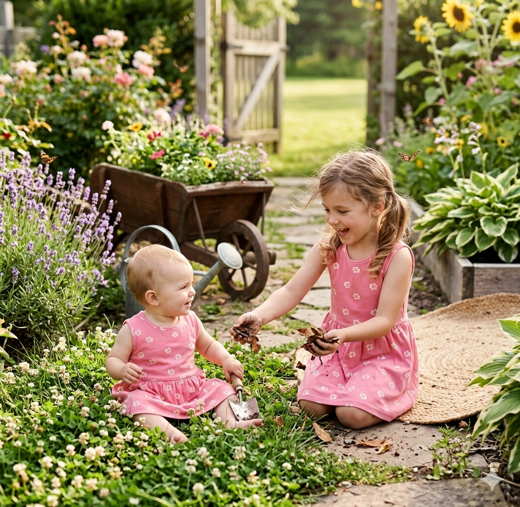 Small white flowers with orange or yellow centers Sleeveless frock
