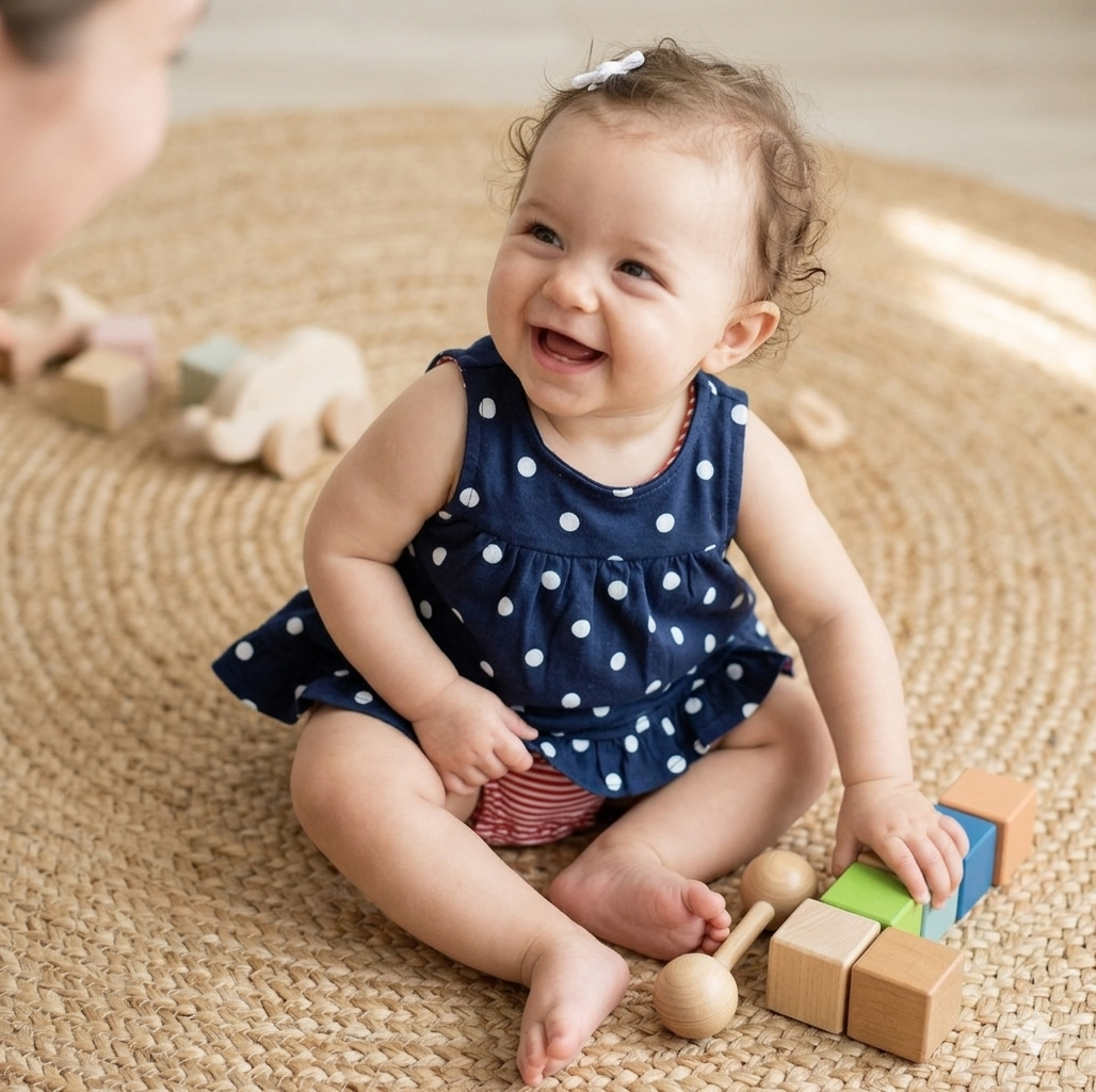 Navy blue base color with a white polka dot Onesies Frock