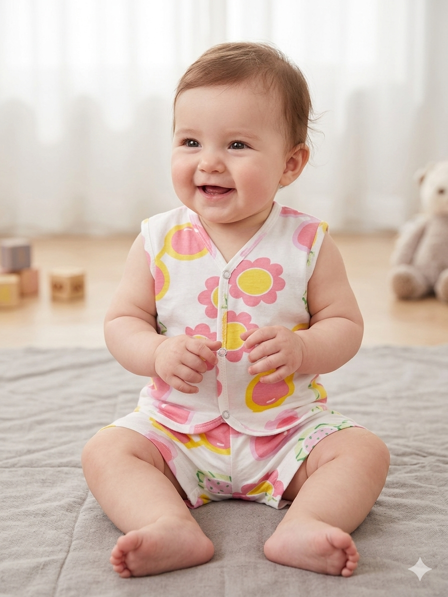 Flowers, are bright pink and yellow Sleeveless Jabla Shorts Set