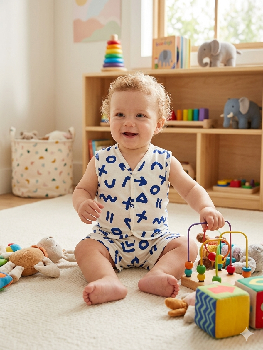 The abstract shapes and symbols are a solid blue color Sleeveless Jabla Shorts Set