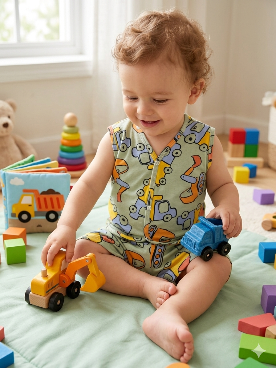 A cute construction vehicle print Sleeveless Jabla Shorts Set