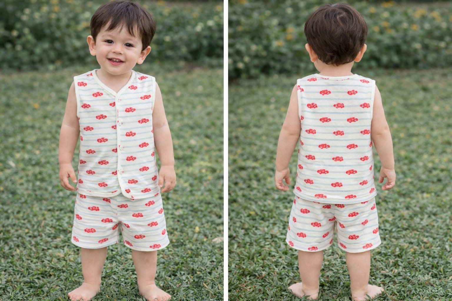 White with Red Small Car  Sleeveless Jabla Shorts Set