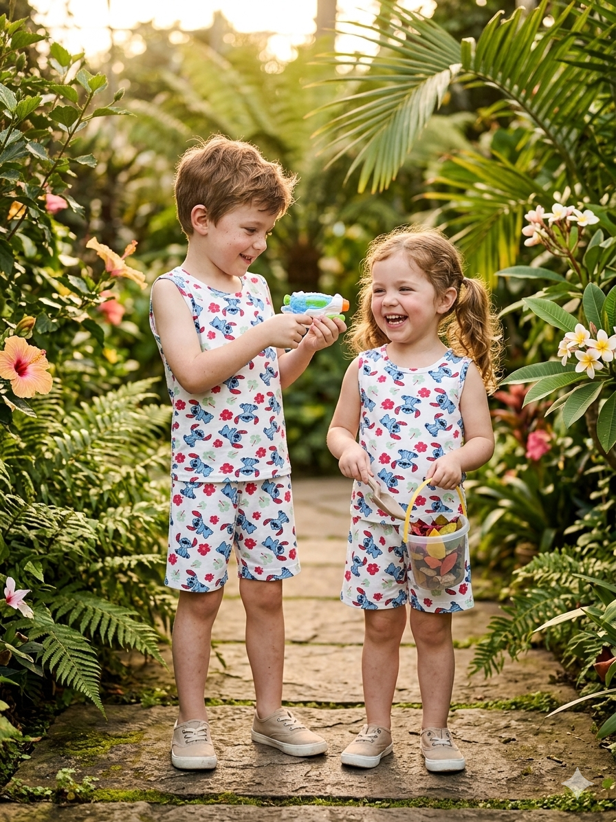 Disney Stitch a blue cartoon print and pink floral sleeveless  co-ord set