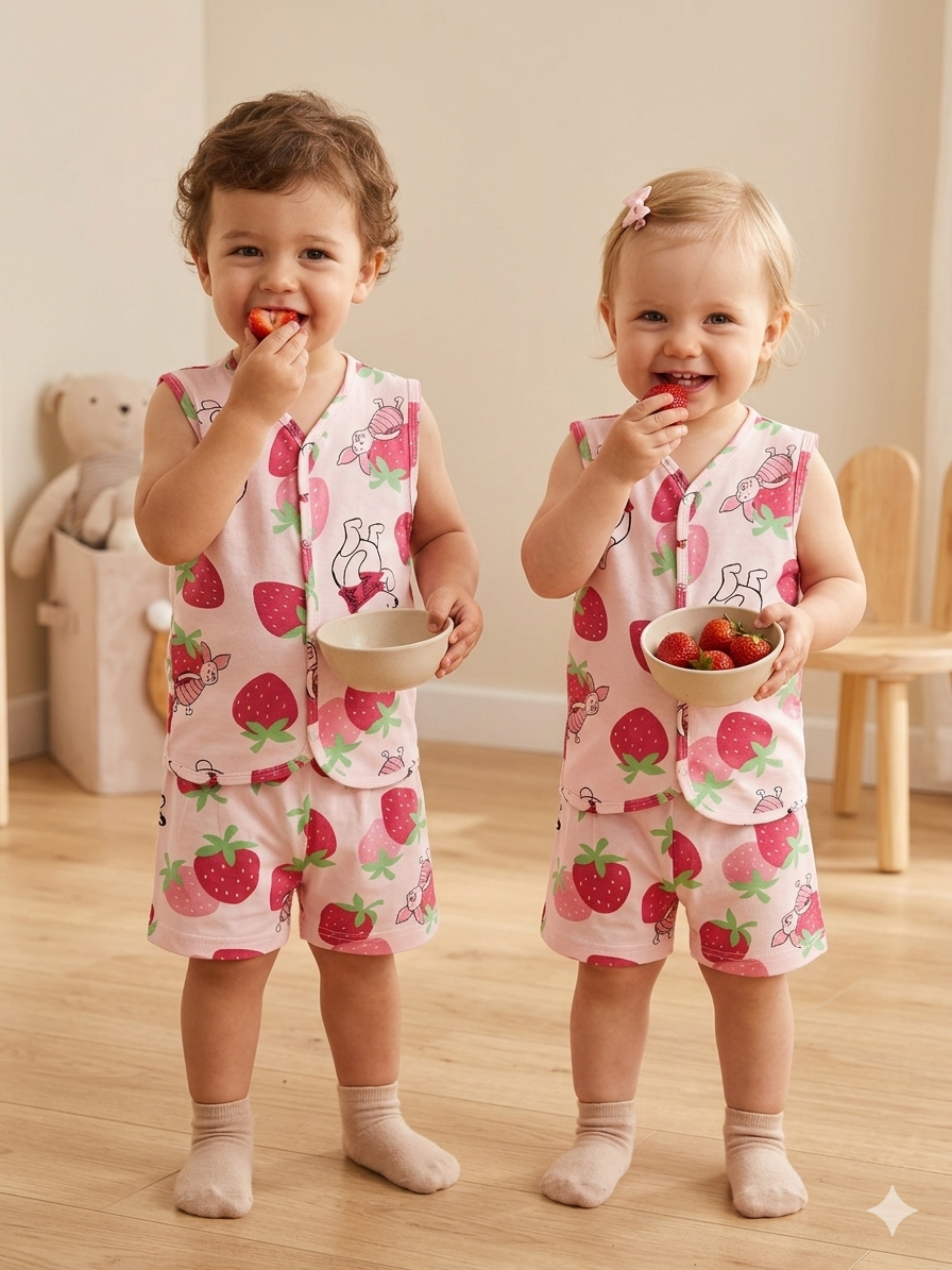 Light pink with Strawberry and Bear Sleeveless Jabla Shorts Set