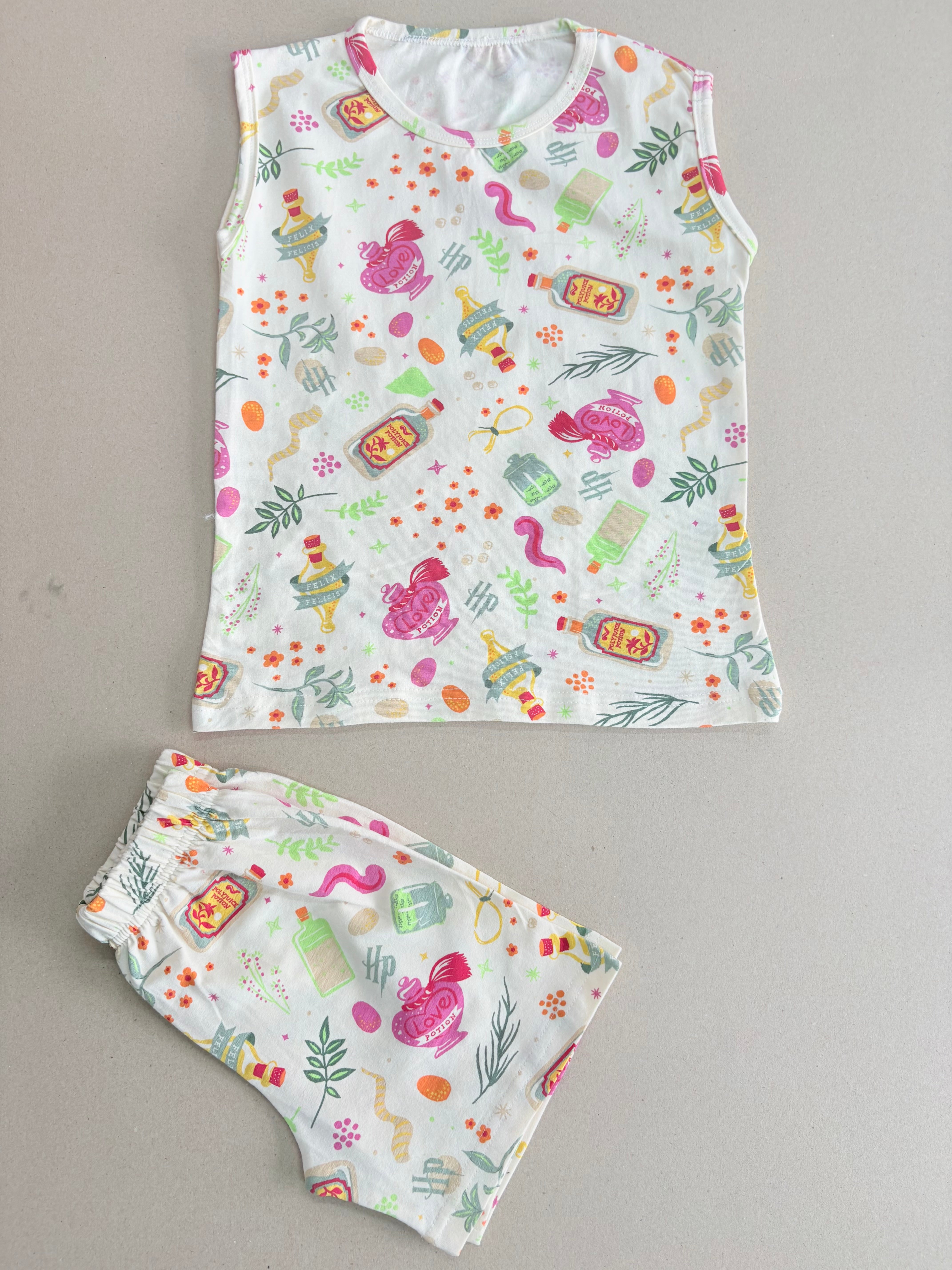Multicolored graphic print of magic potion bottles sleeveless co-ord set