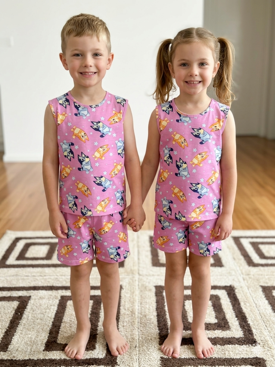 pink with a multi-color character and star pattern sleeveless co-ord set