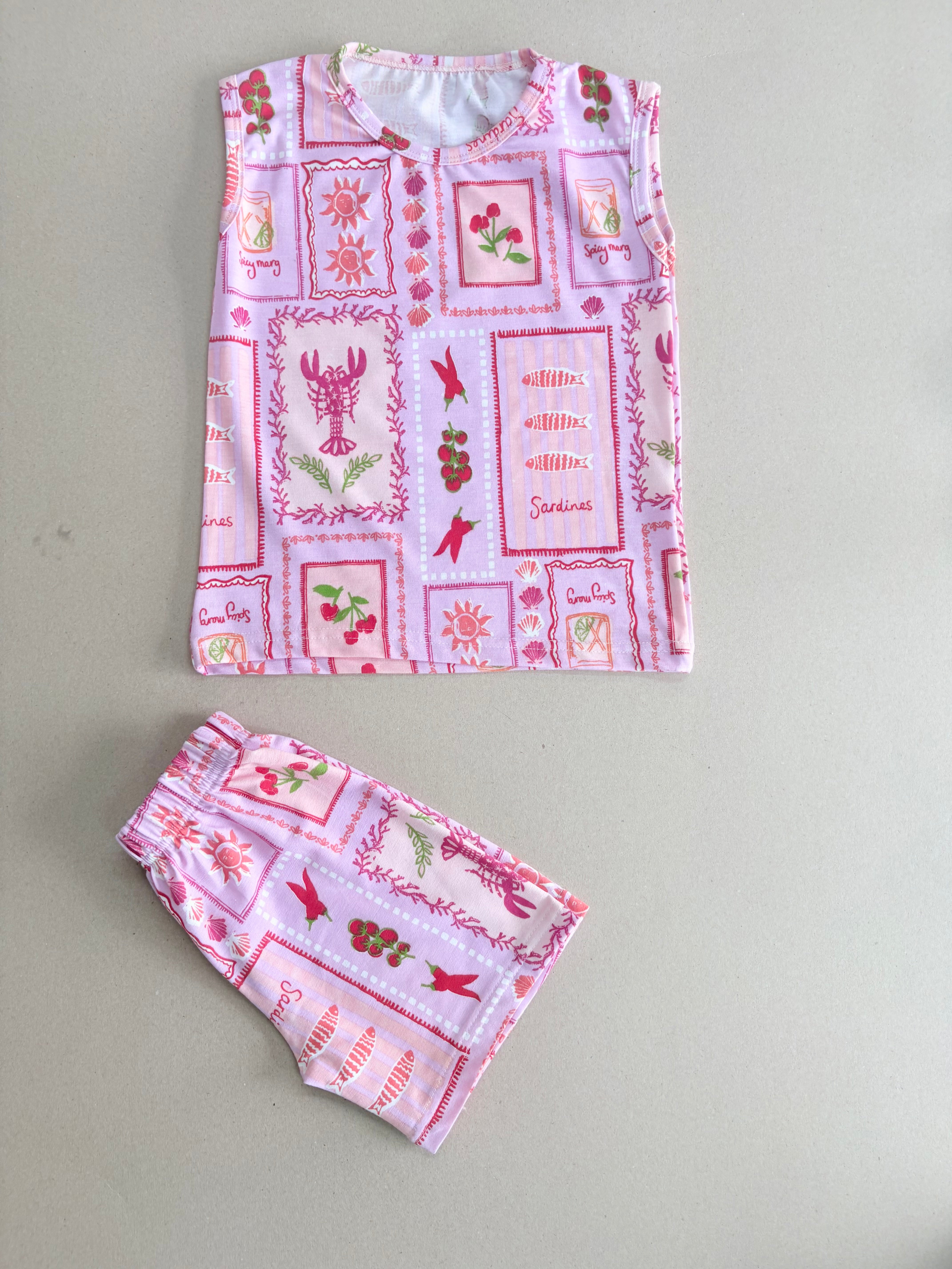 Colorful food and marine-themed print sleeveless co-ord set