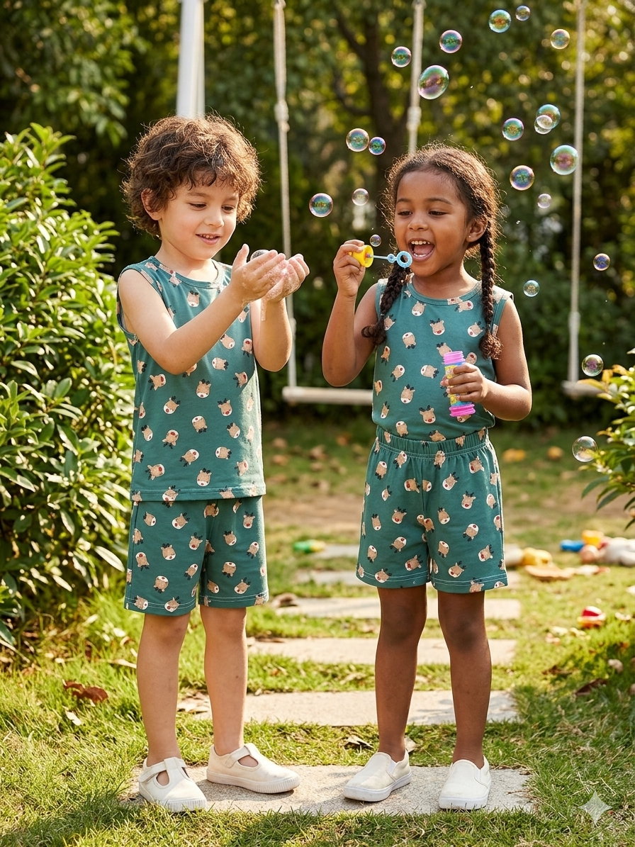 Green holiday reindeer print sleeveless  co-ord set
