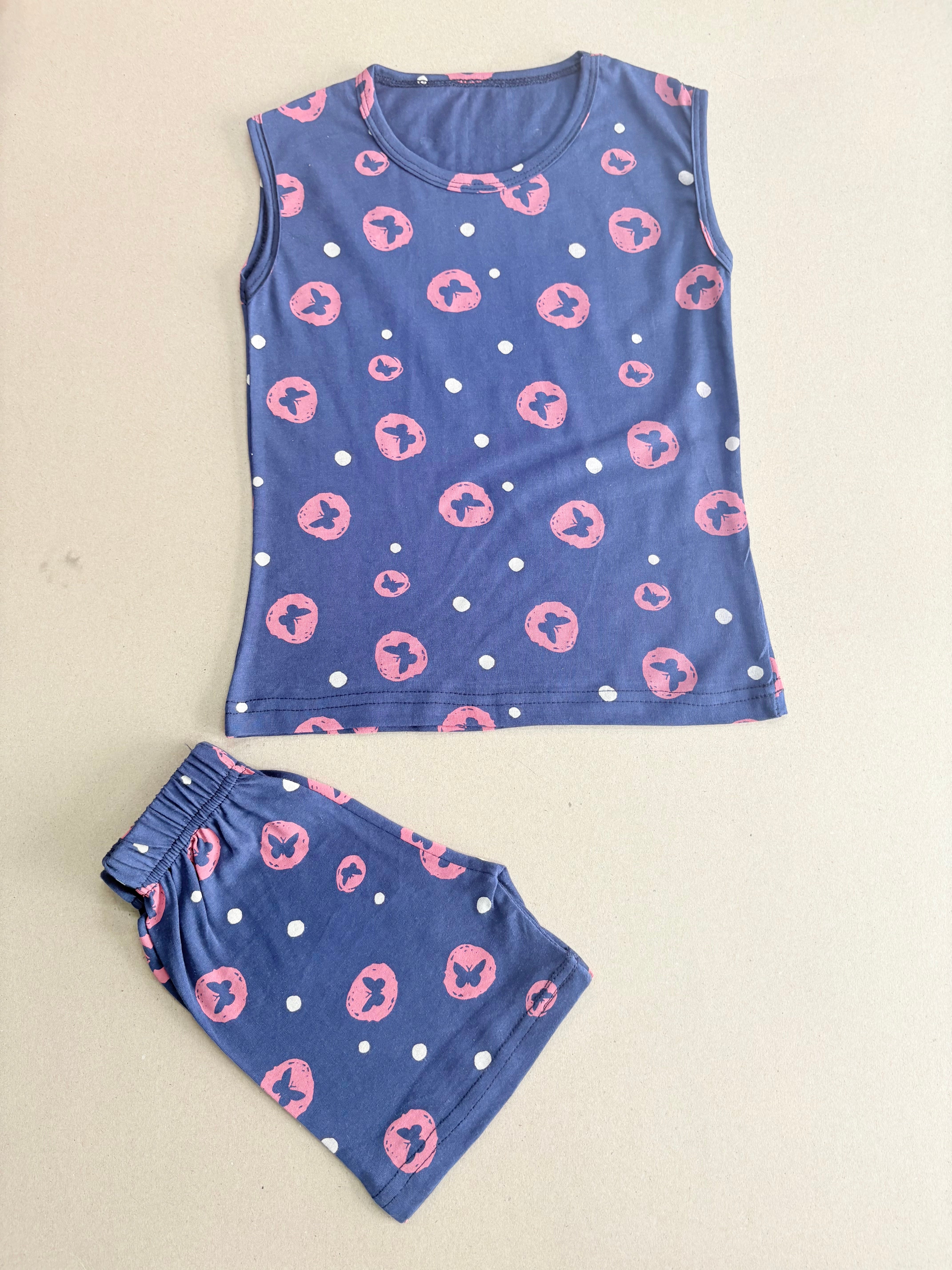Blue with round neck and butterfly pattern sleeveless co-ord set