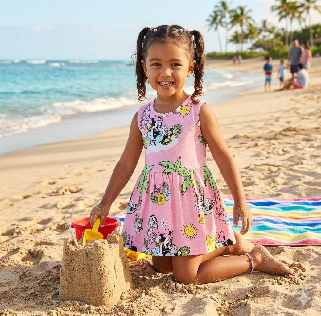 Pink with a multi-color cartoon and tropical print Sleeveless frock