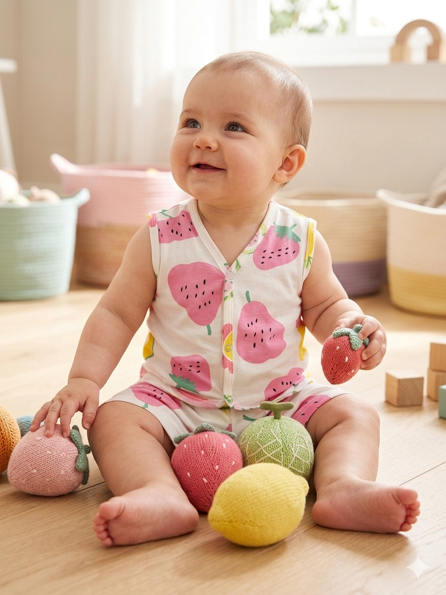 Pink or magenta for the fruits (identified as strawberries) Sleeveless Jabla Shorts Set