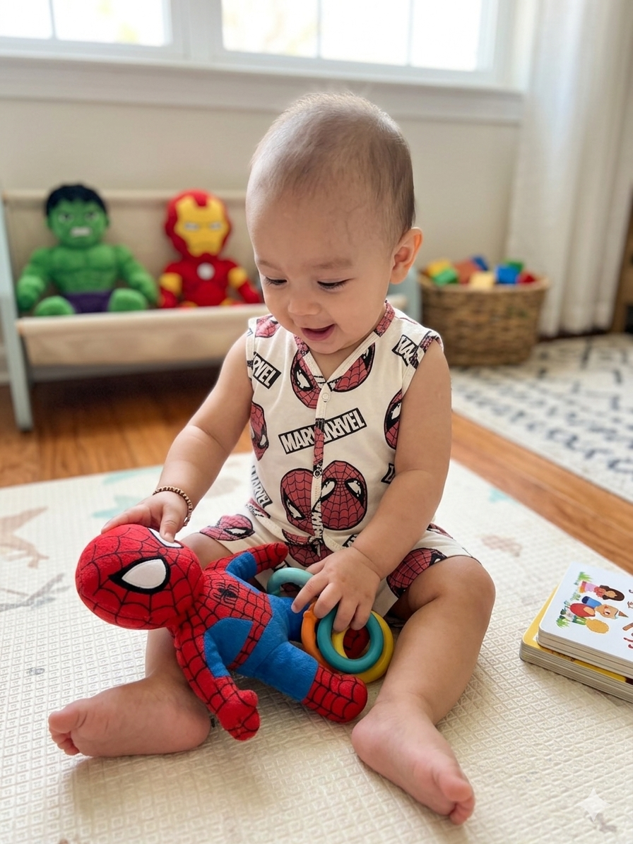 The Spider-Man mask and "MARVEL" text designs are printed in red and black Sleeveless Jabla Shorts Set
