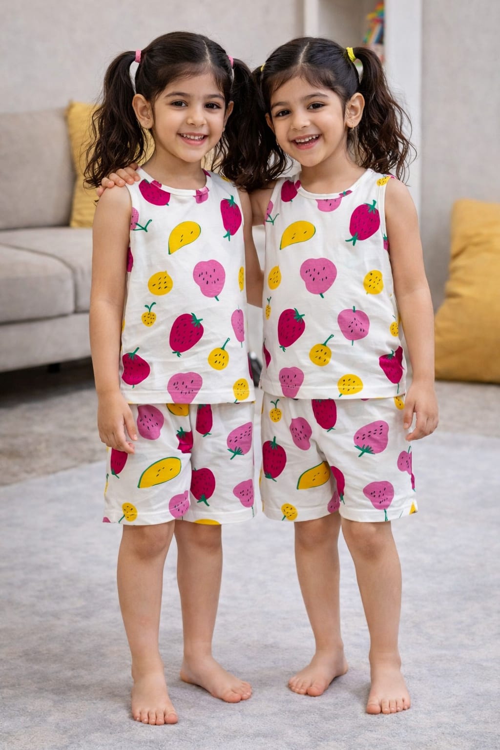 White Base Fruity  print sleeveless  co-ord set