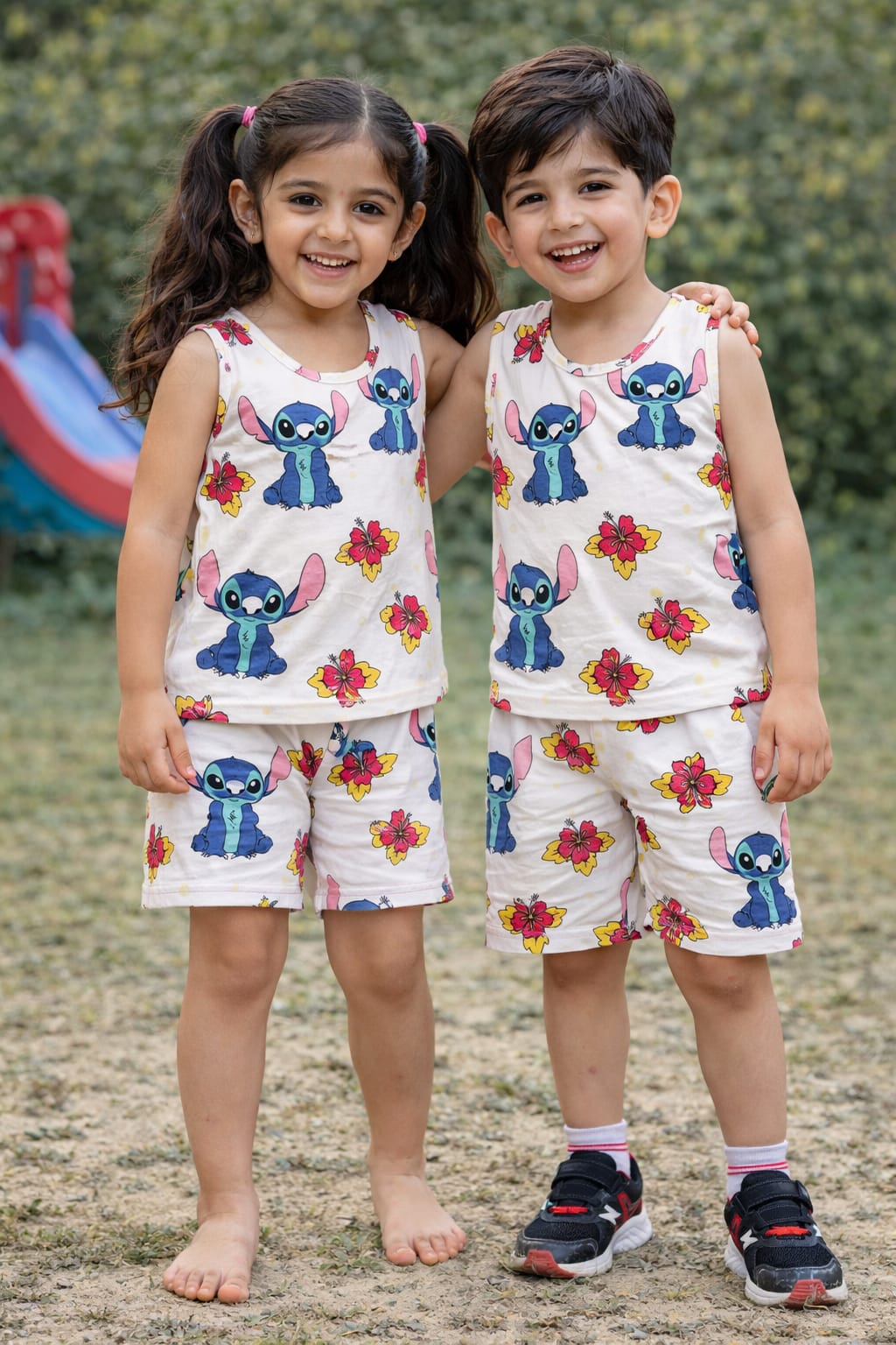 Cream Base Tropical stitch print sleeveless  co-ord set
