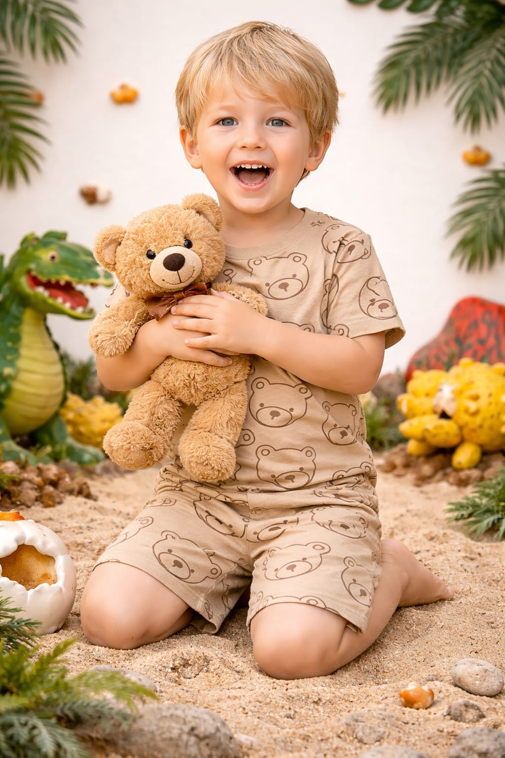 Light Beige with brown teddy print Halfsleeve co-ord set